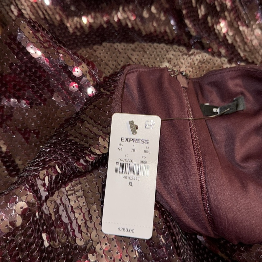 NWT express burgundy sequin feather trim
Mini dress XL $260 - Picture 2 of 9